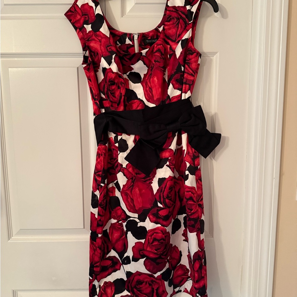 White House Black Market White, Red, and Black Sleeveless Midi Dress With Belt - Picture 2 of 7